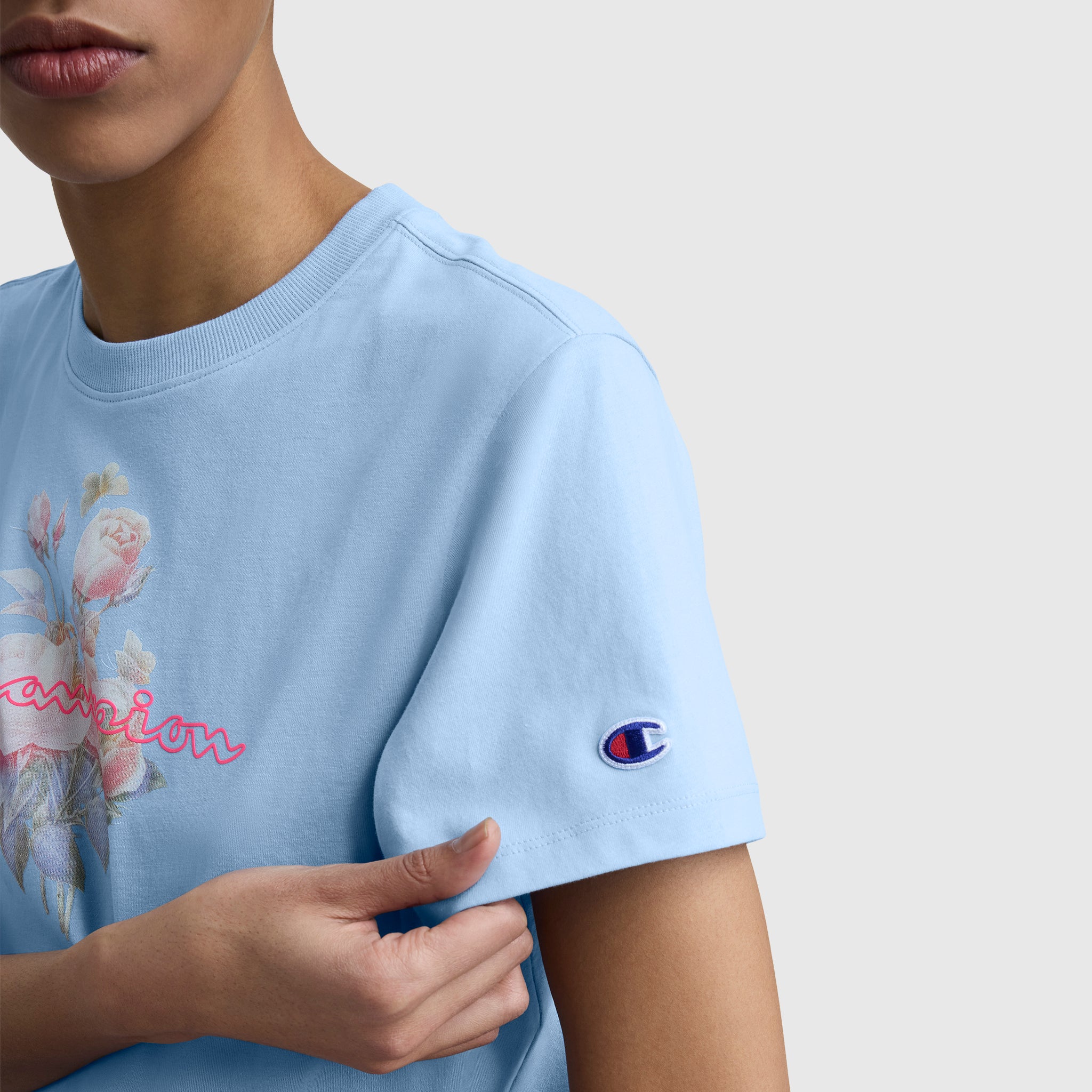 Champion Blurred Roses t-shirt coton bleu clair roses floues