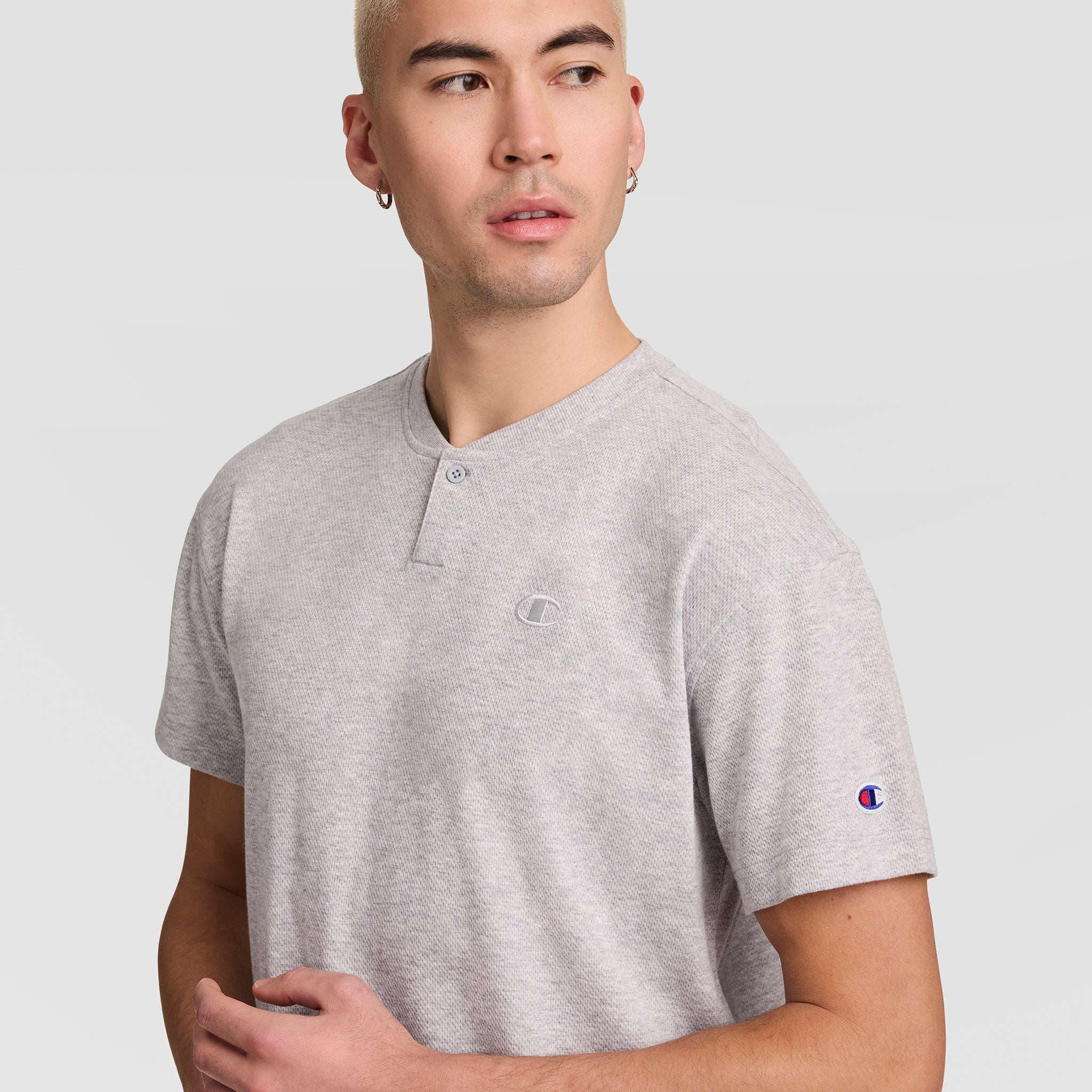 Champion Henley t-shirt homme gris chiné bouton