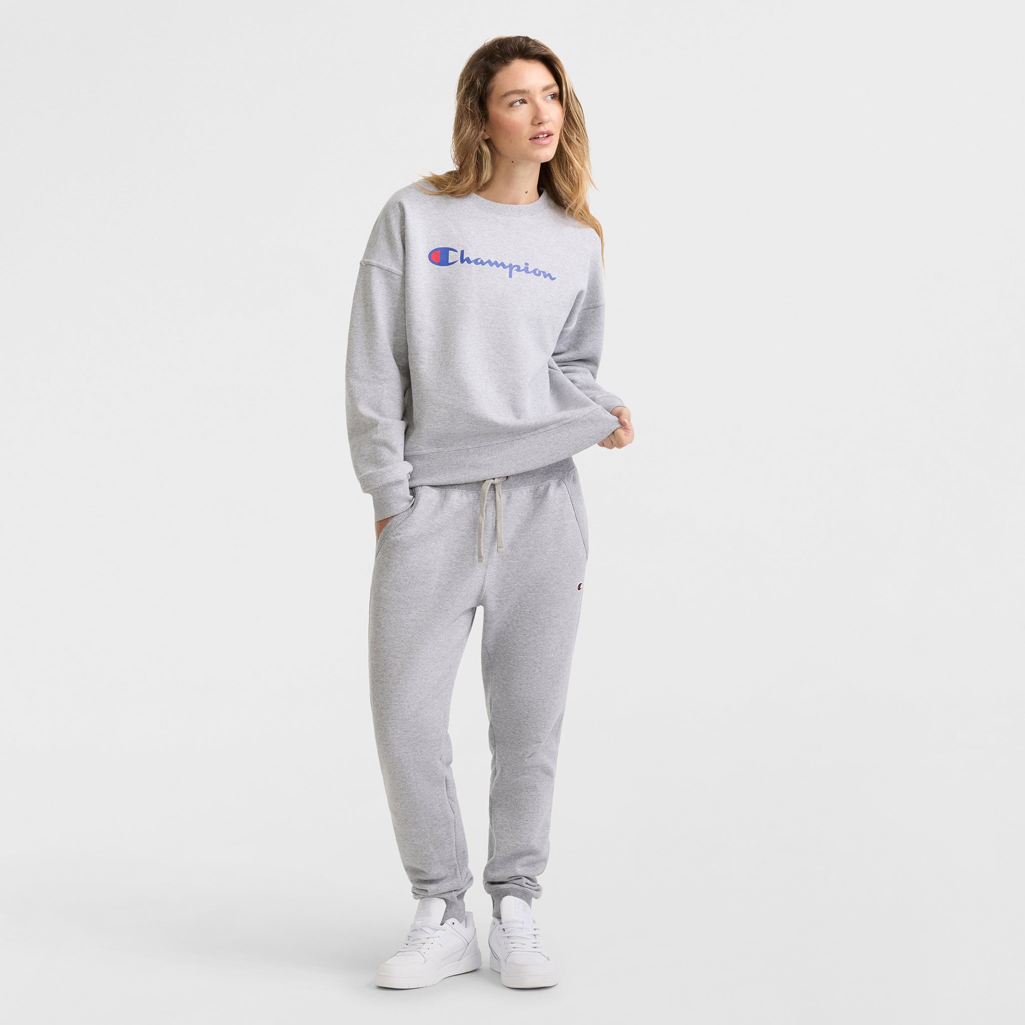 Champion Powerblend Script Logo Sweat Gris chiné coupe ample