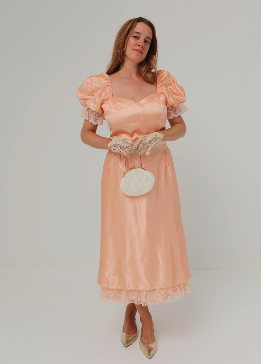 Solène Gisèle Robe Amalia Bal Satin Dentelle Saumon
