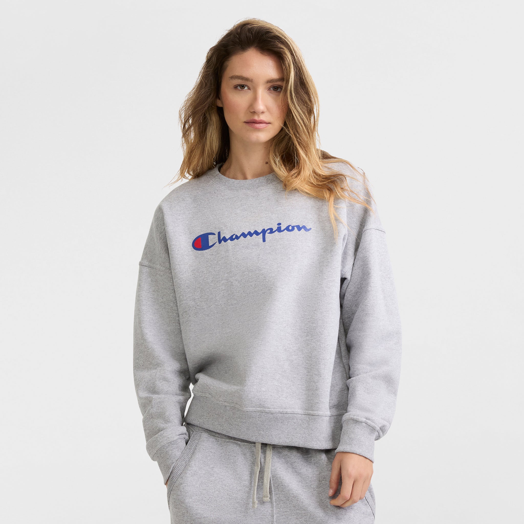 Champion Powerblend Script Logo Sweat Gris chiné coupe ample