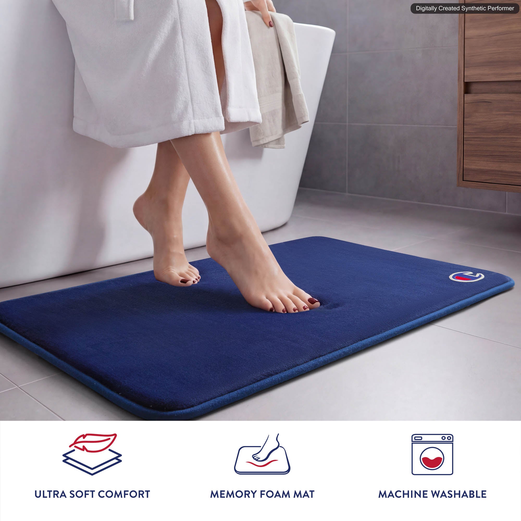 Champion Logo Patch Memory Foam Bath Mats tapis de bain bleu