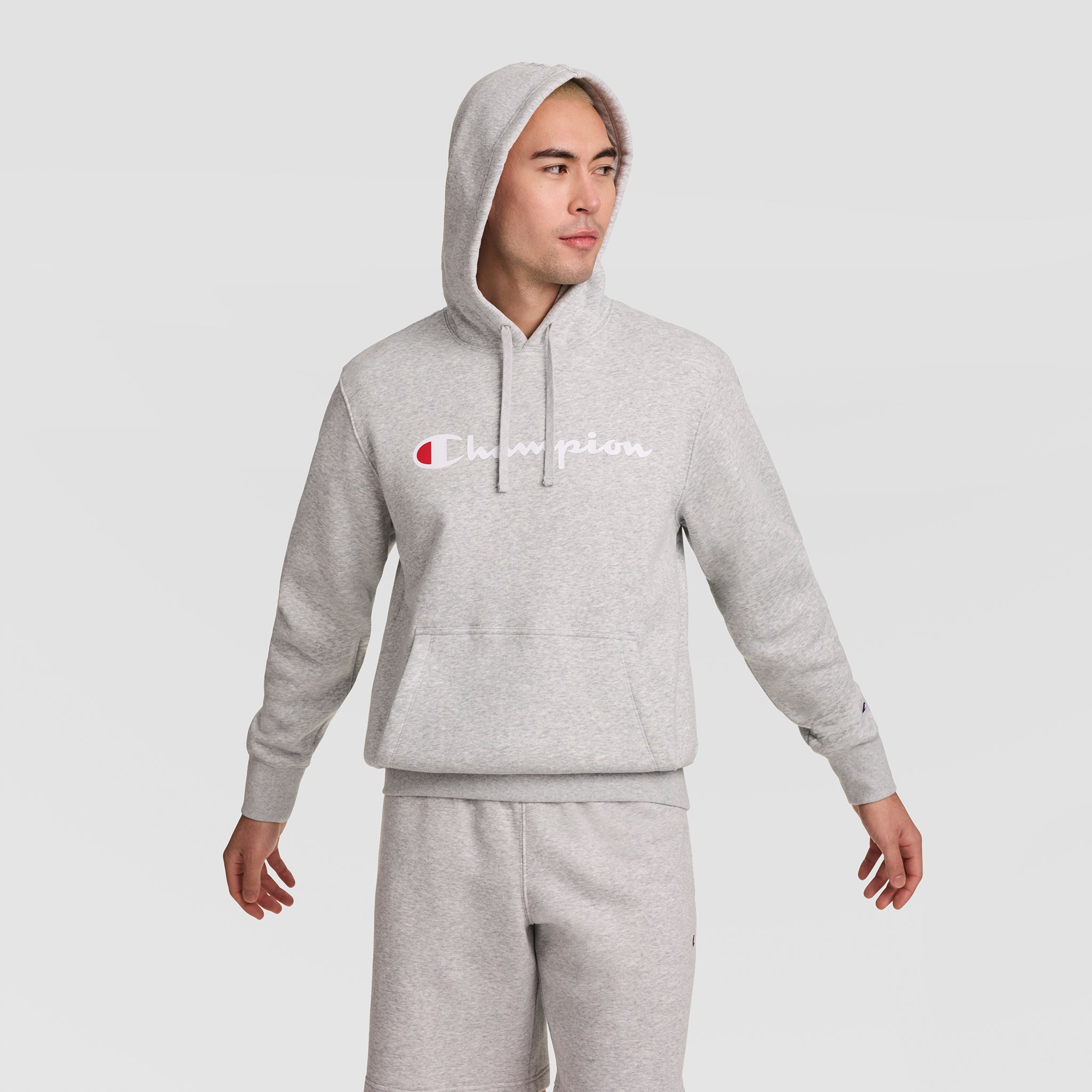 Champion Powerblend Hoodie Sweat Oxford Grey Script Logo Molleton