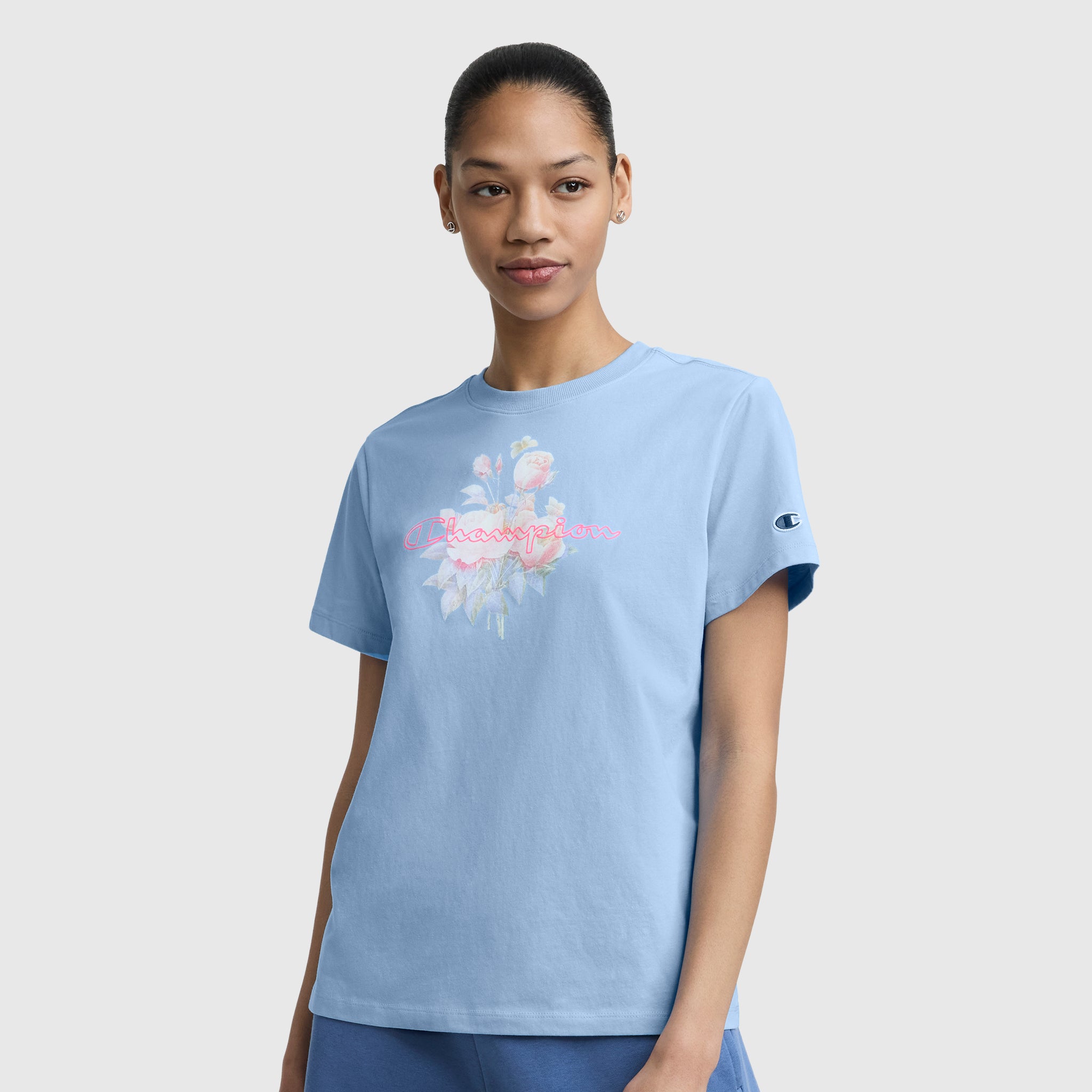 Champion Blurred Roses t-shirt coton bleu clair roses floues