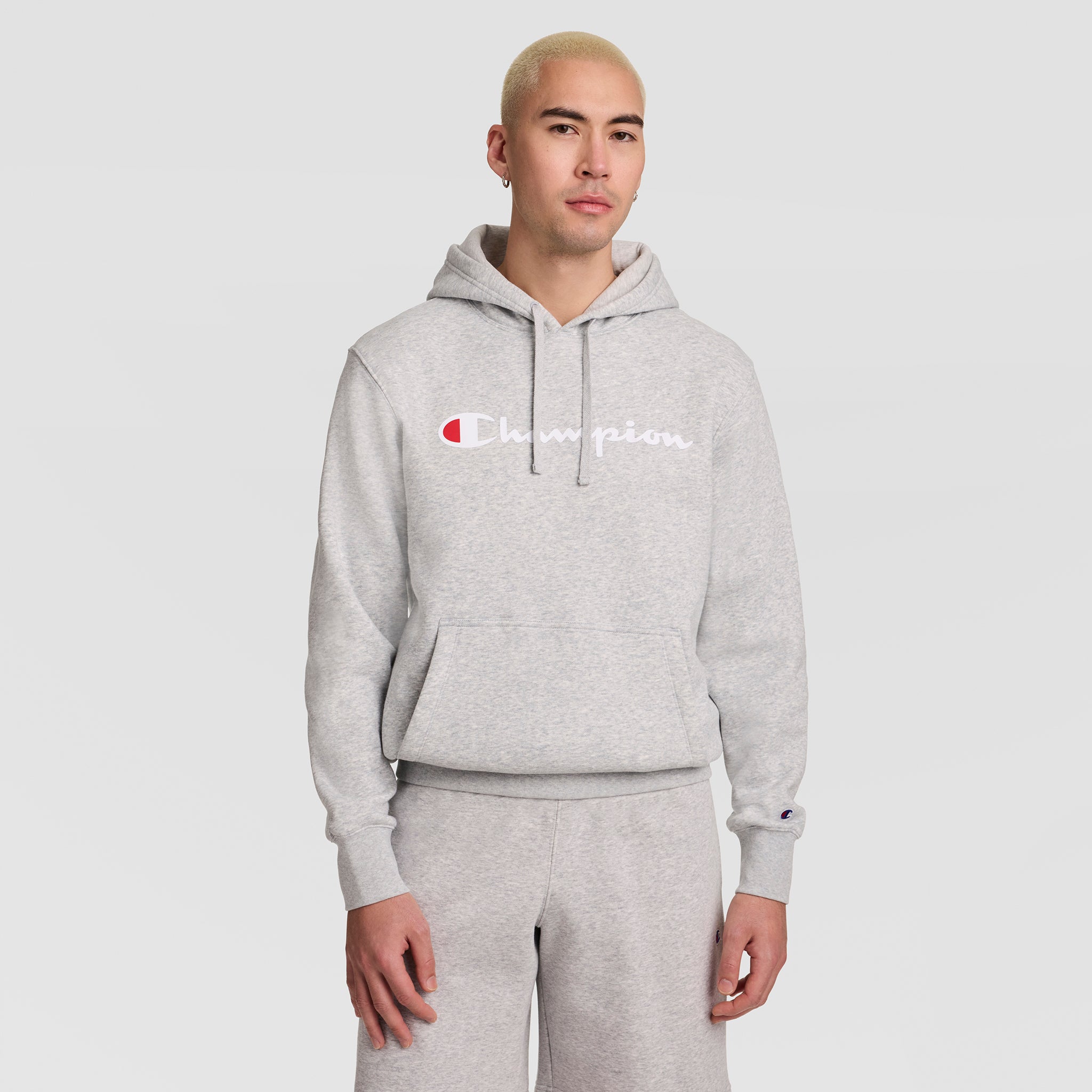 Champion Powerblend Hoodie Sweat Oxford Grey Script Logo Molleton