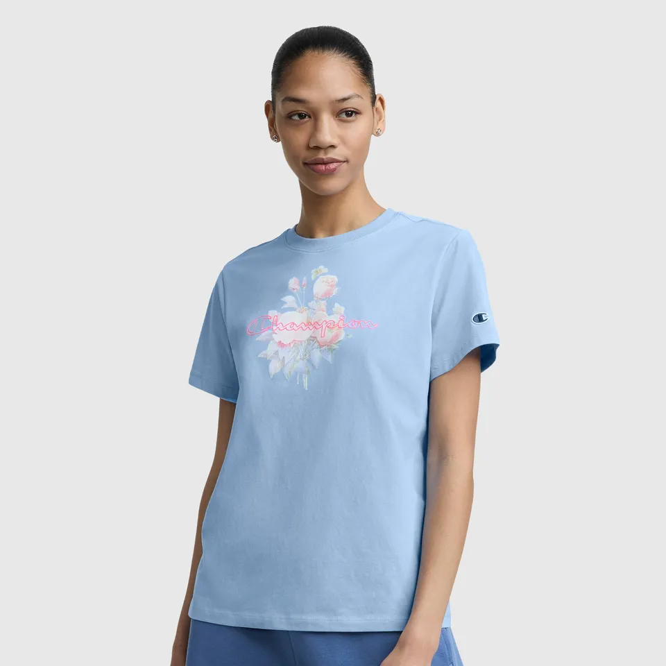 Champion Blurred Roses t-shirt coton bleu clair roses floues