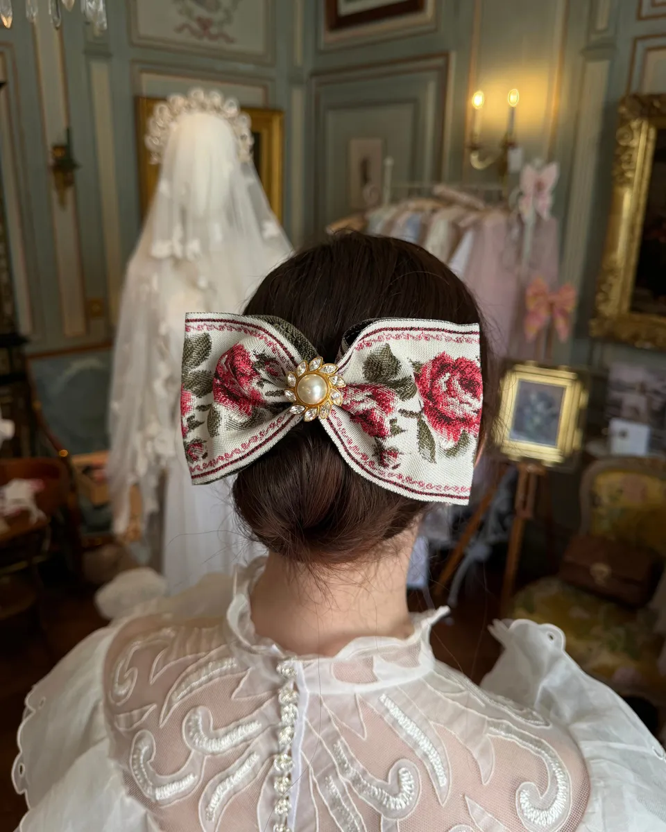 Solène Gisèle Héritage Nœud Couture Roses barrette fait main France