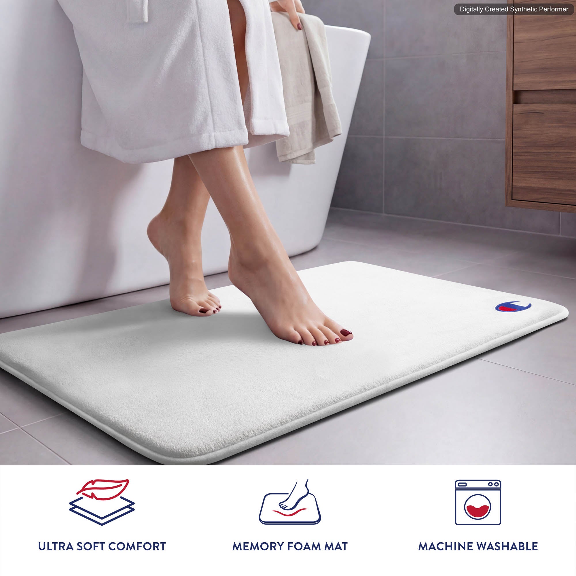 Champion Logo Patch Memory Foam Bath Mats tapis de bain blanc