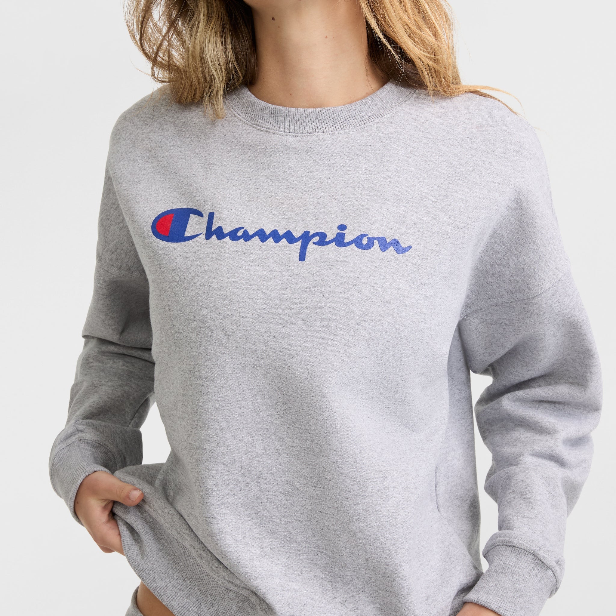 Champion Powerblend Script Logo Sweat Gris chiné coupe ample