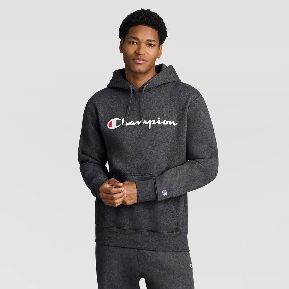 Champion Powerblend Hoodie Sweat Granite Heather Script Logo Molleton