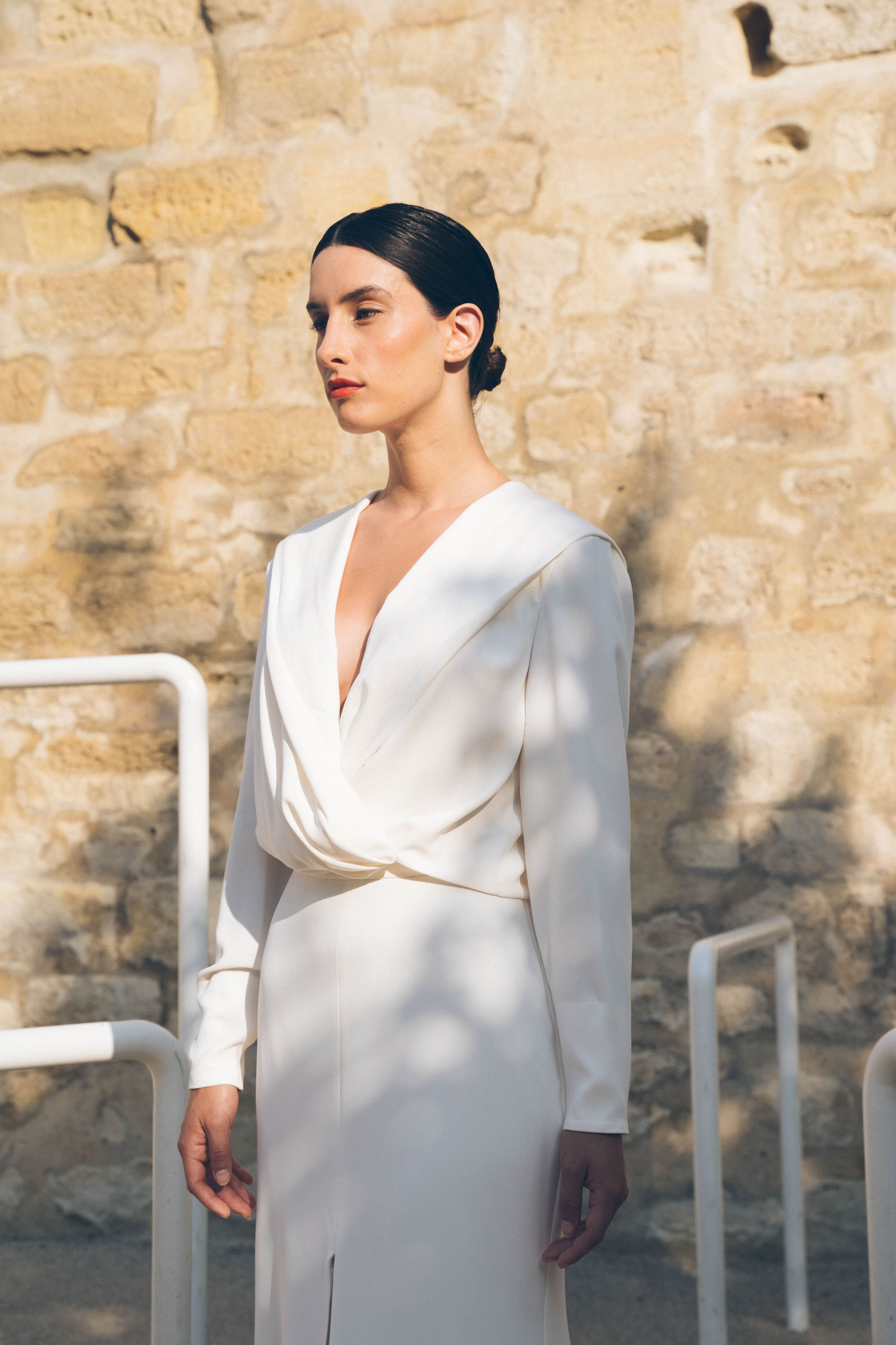 Maison Floret Prêt-à-marier Eldon top crêpe drapé capuche