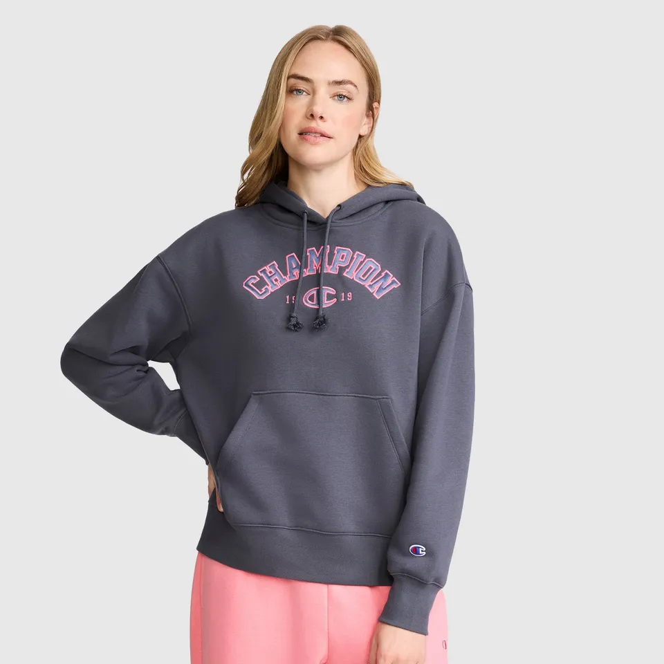 Champion Hoodies Fleece Hoodie Satin Applique sweat gris Forged Steel Grey