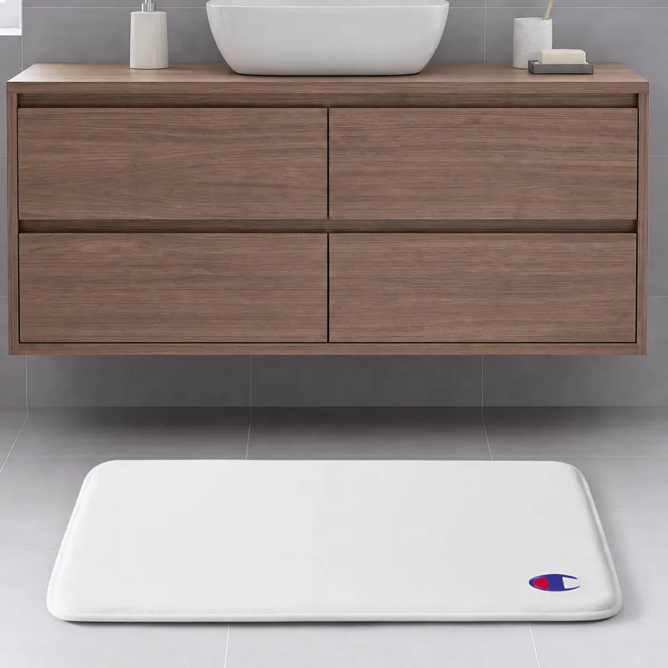 Champion Logo Patch Memory Foam Bath Mats tapis de bain blanc