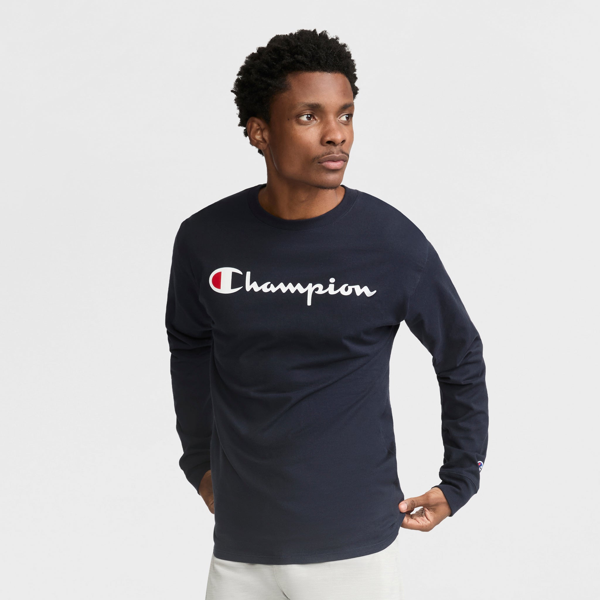 Champion Classic Graphic T-Shirt script logo navy manches longues