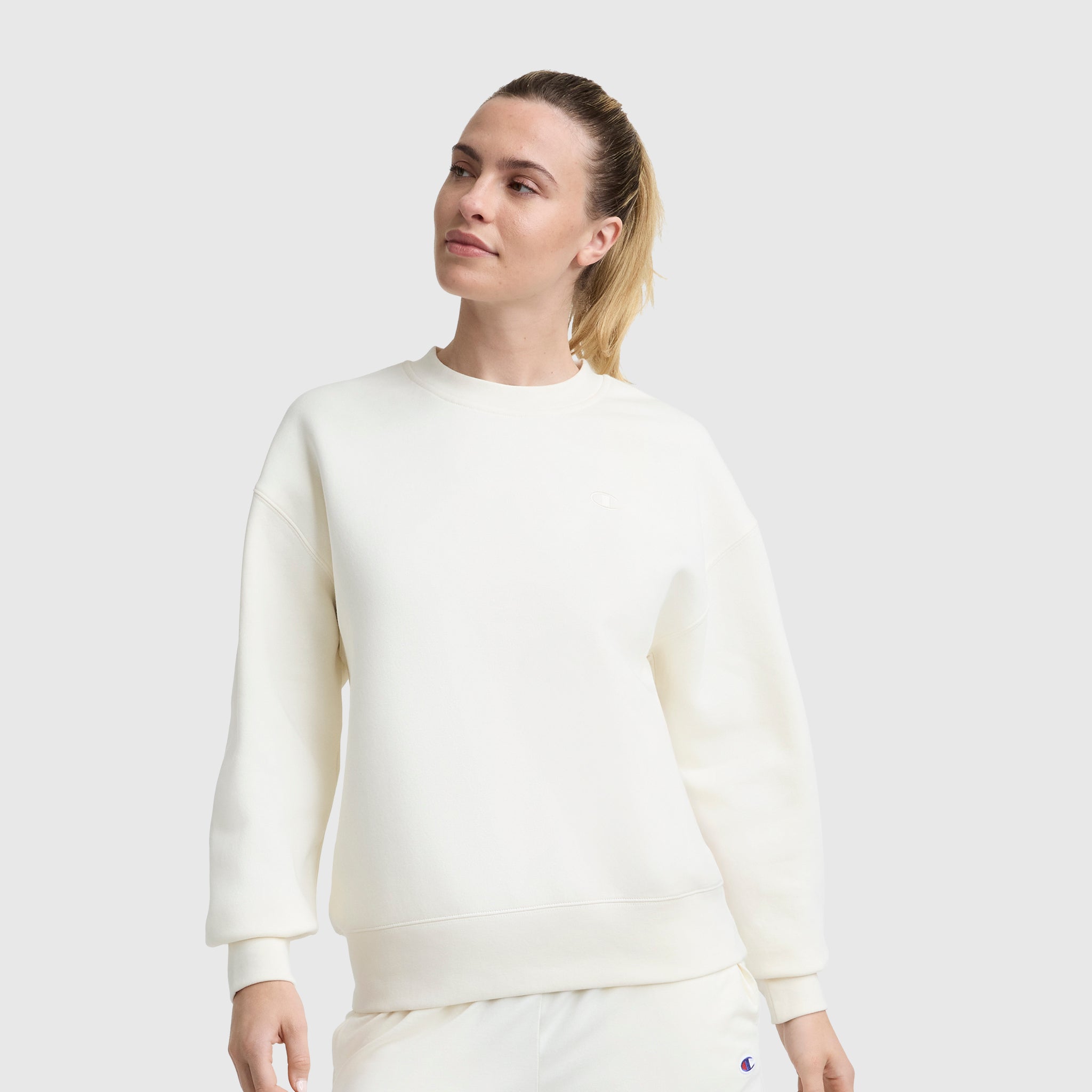 Champion Powerblend sweat col rond femme coton écru logo C