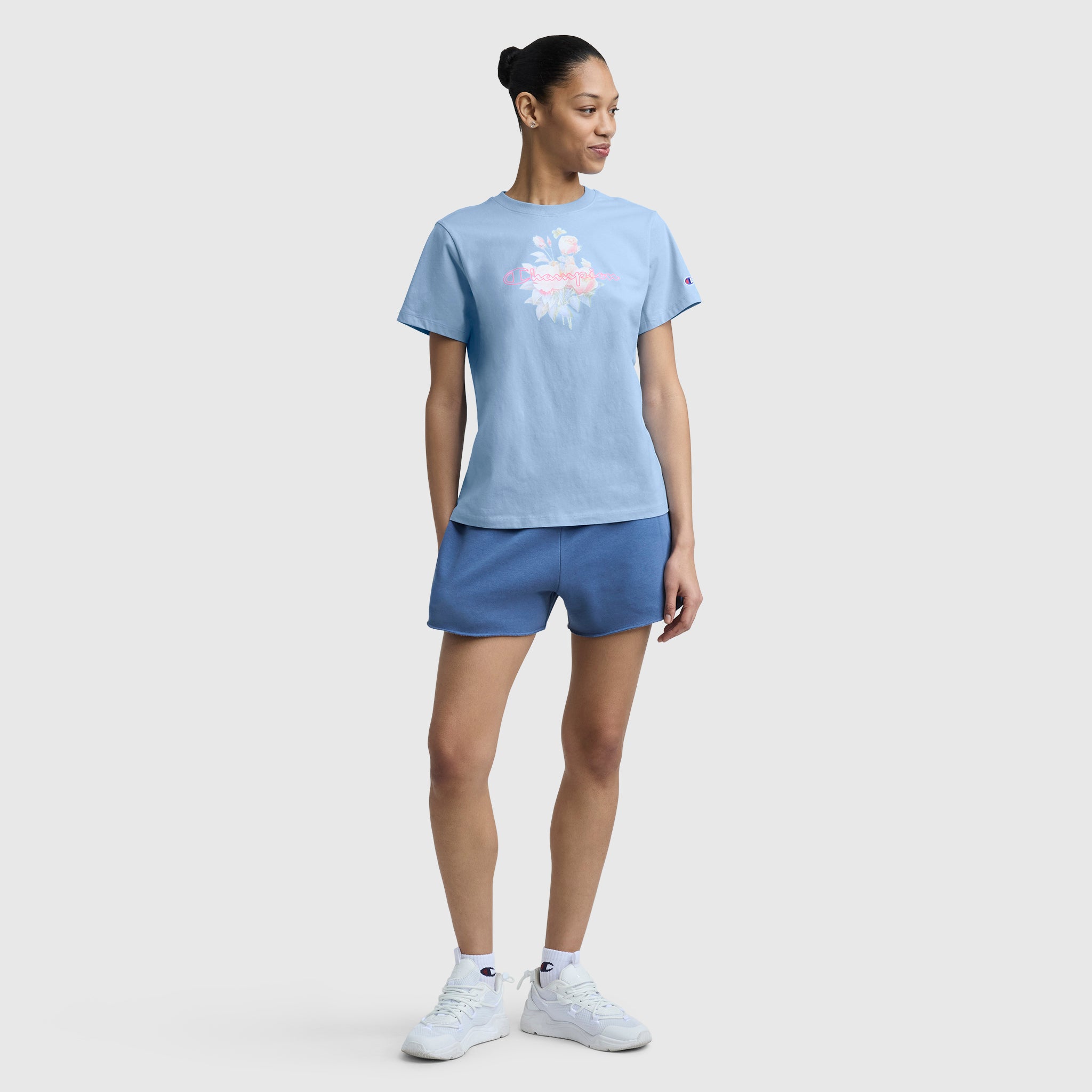 Champion Blurred Roses t-shirt coton bleu clair roses floues