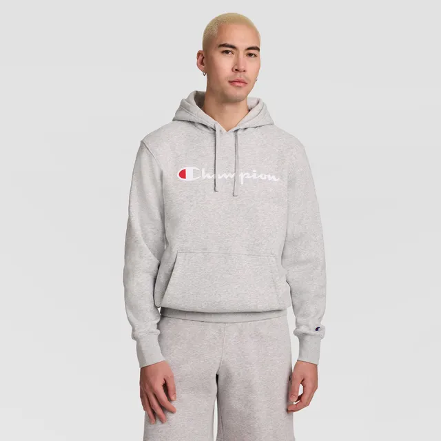 Champion Powerblend Hoodie Sweat Oxford Grey Script Logo Molleton