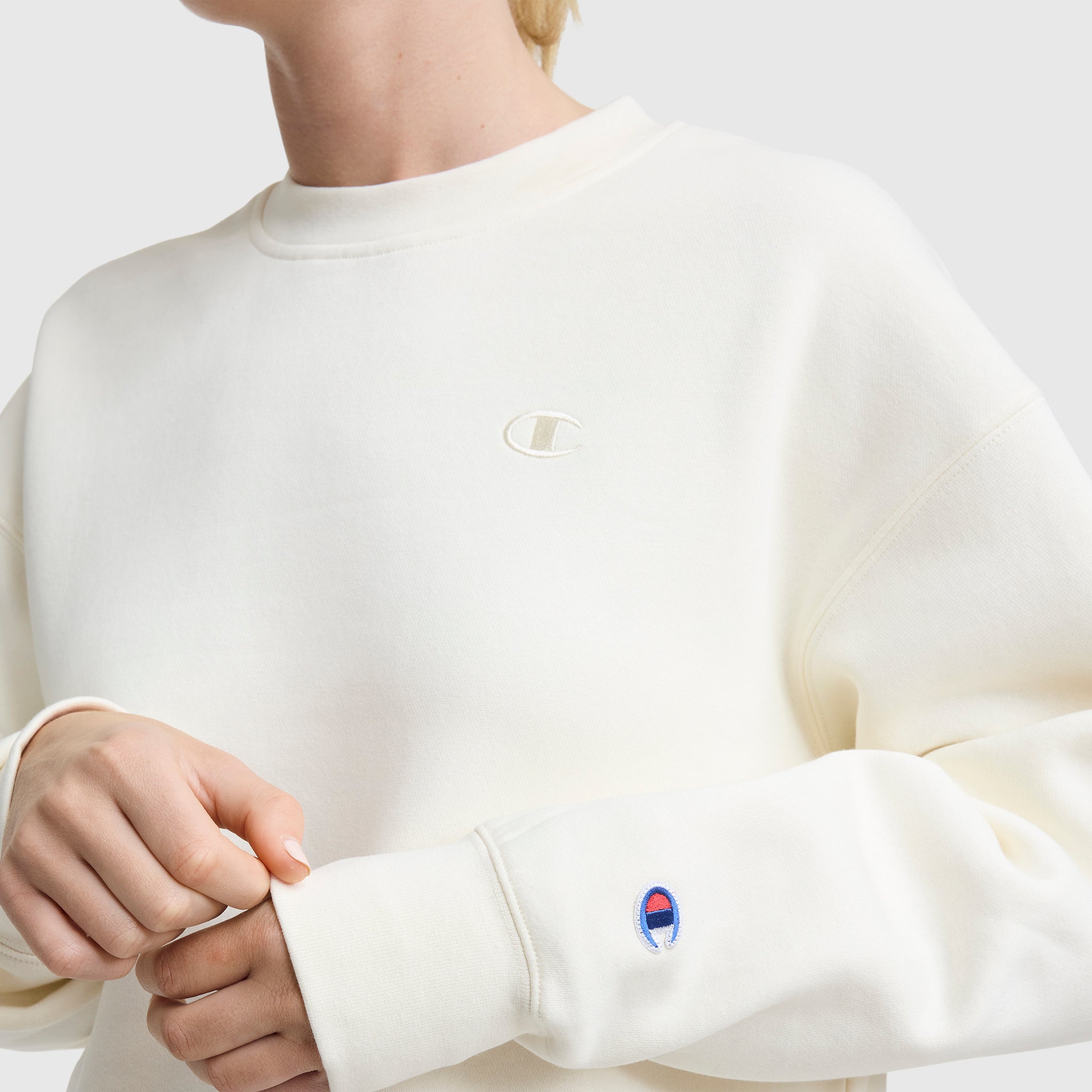 Champion Powerblend sweat col rond femme coton écru logo C