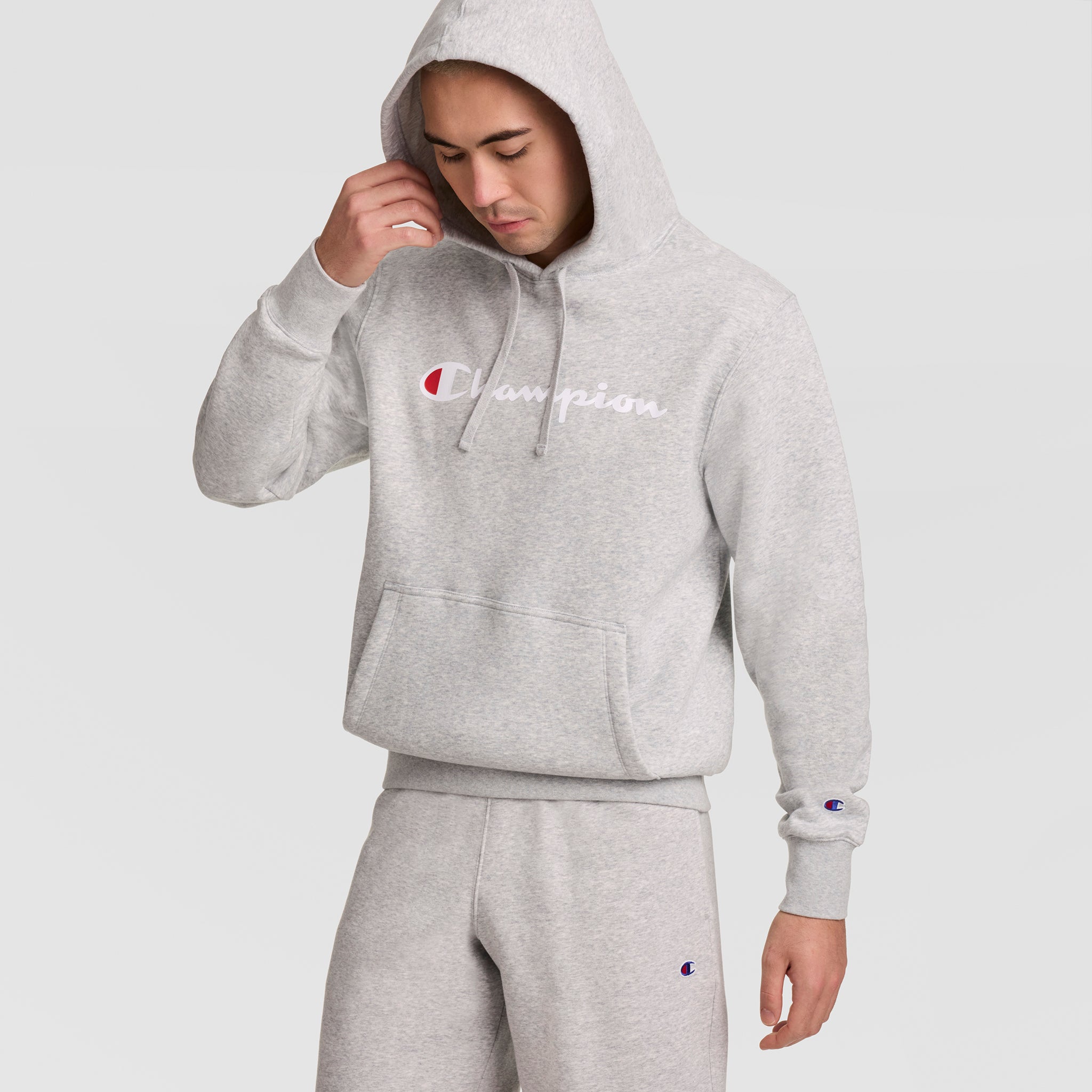 Champion Powerblend Hoodie Sweat Oxford Grey Script Logo Molleton