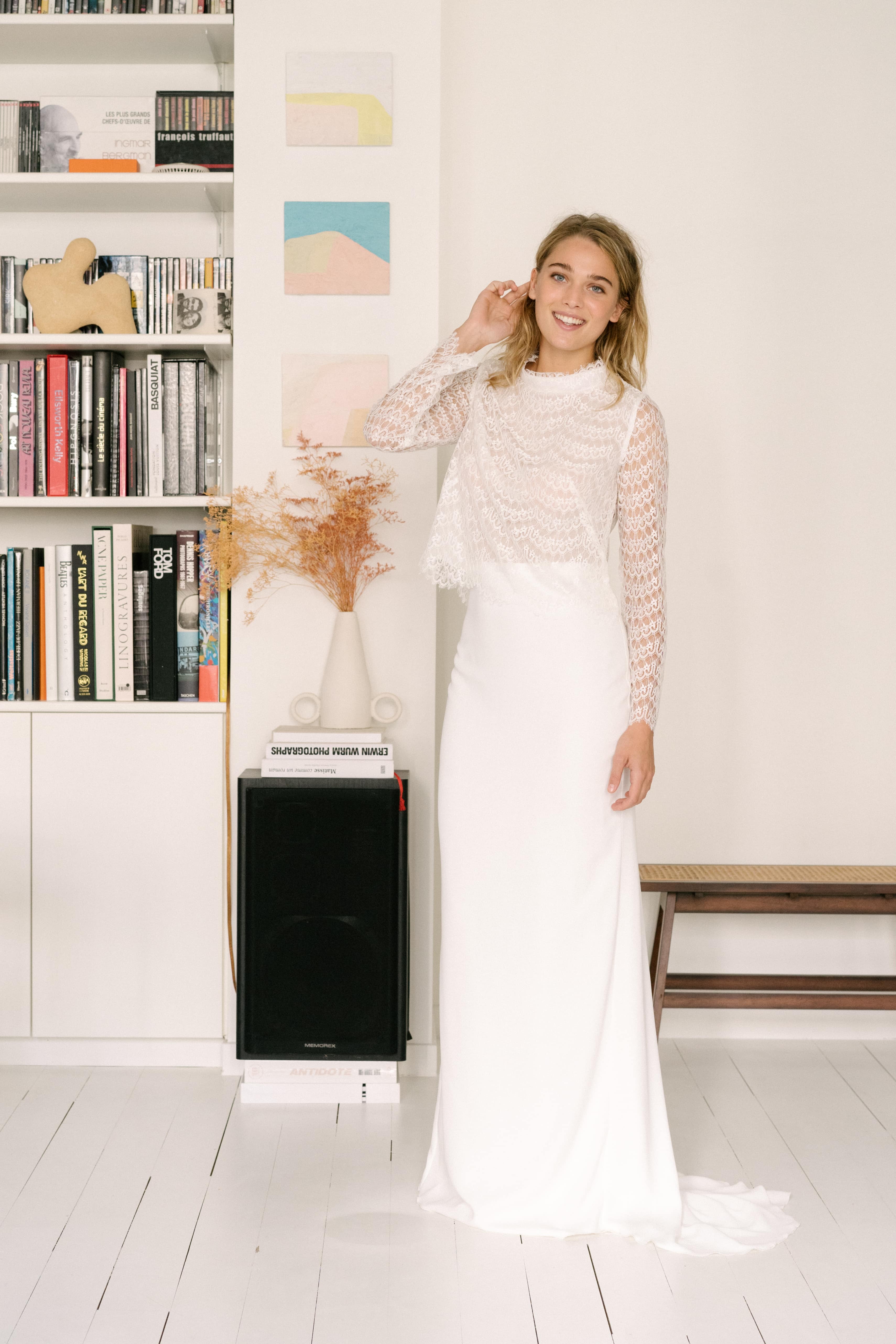 Maison Floret Jom top mariée dentelle Calais col cheminée