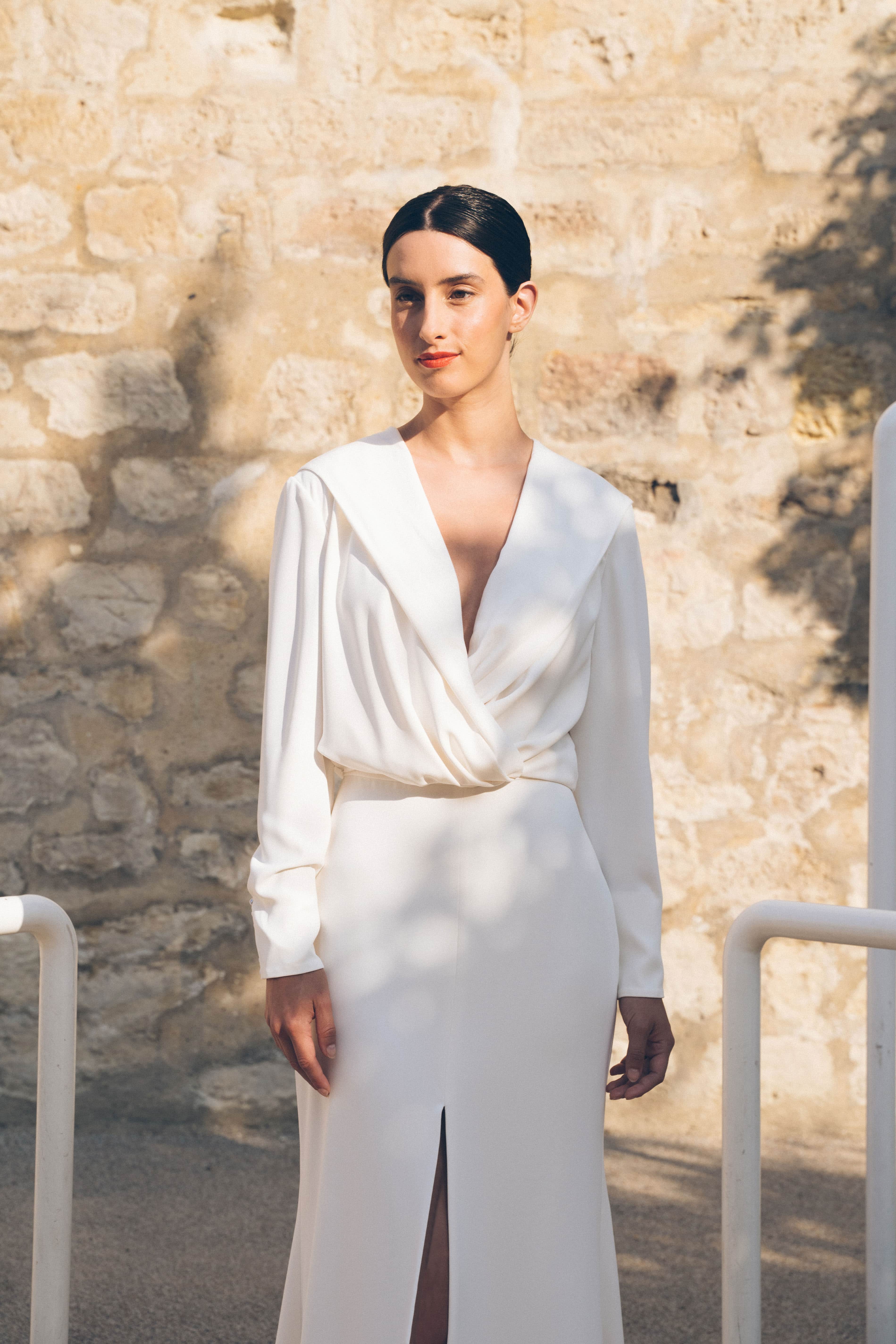 Maison Floret Prêt-à-marier Eldon top crêpe drapé capuche