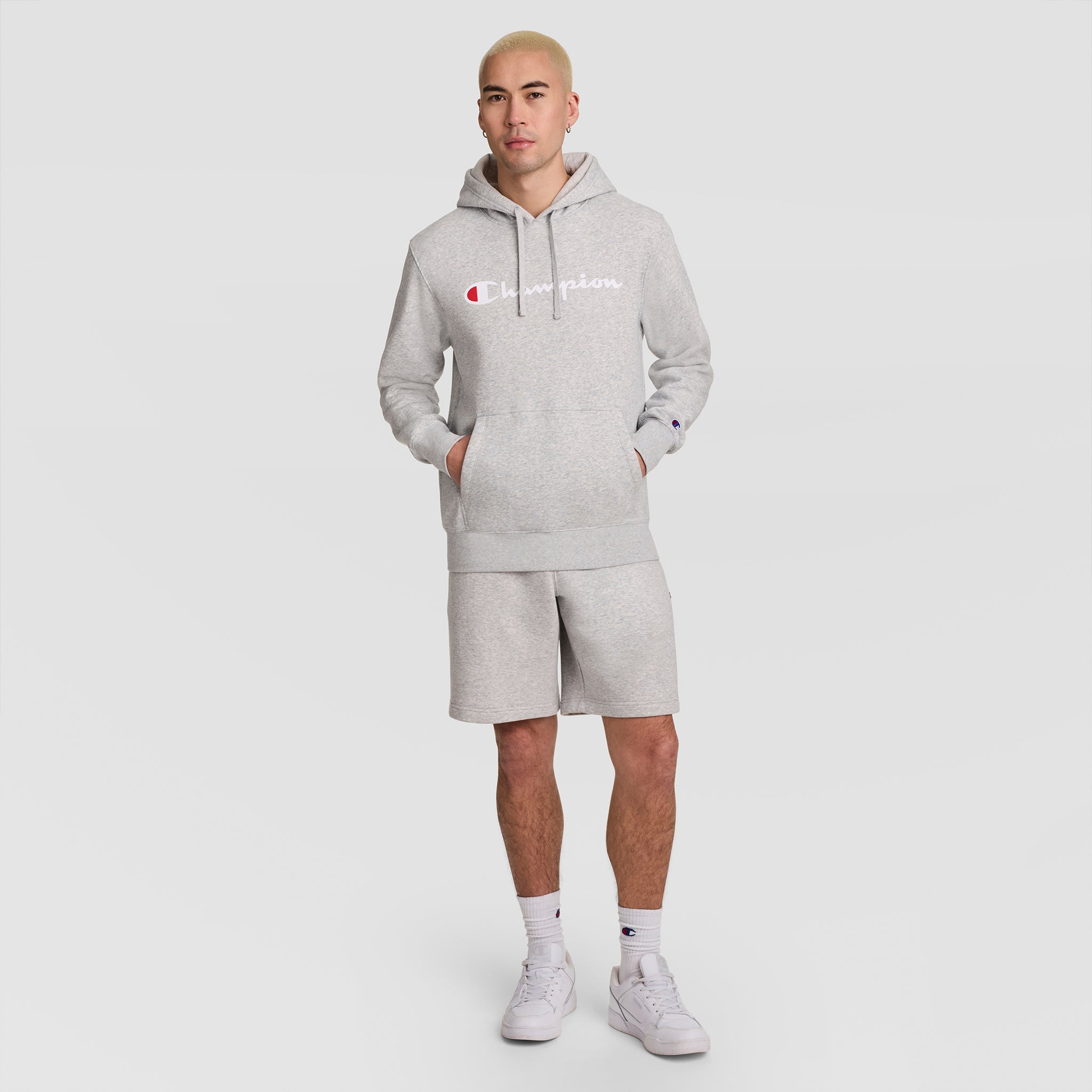 Champion Powerblend Hoodie Sweat Oxford Grey Script Logo Molleton