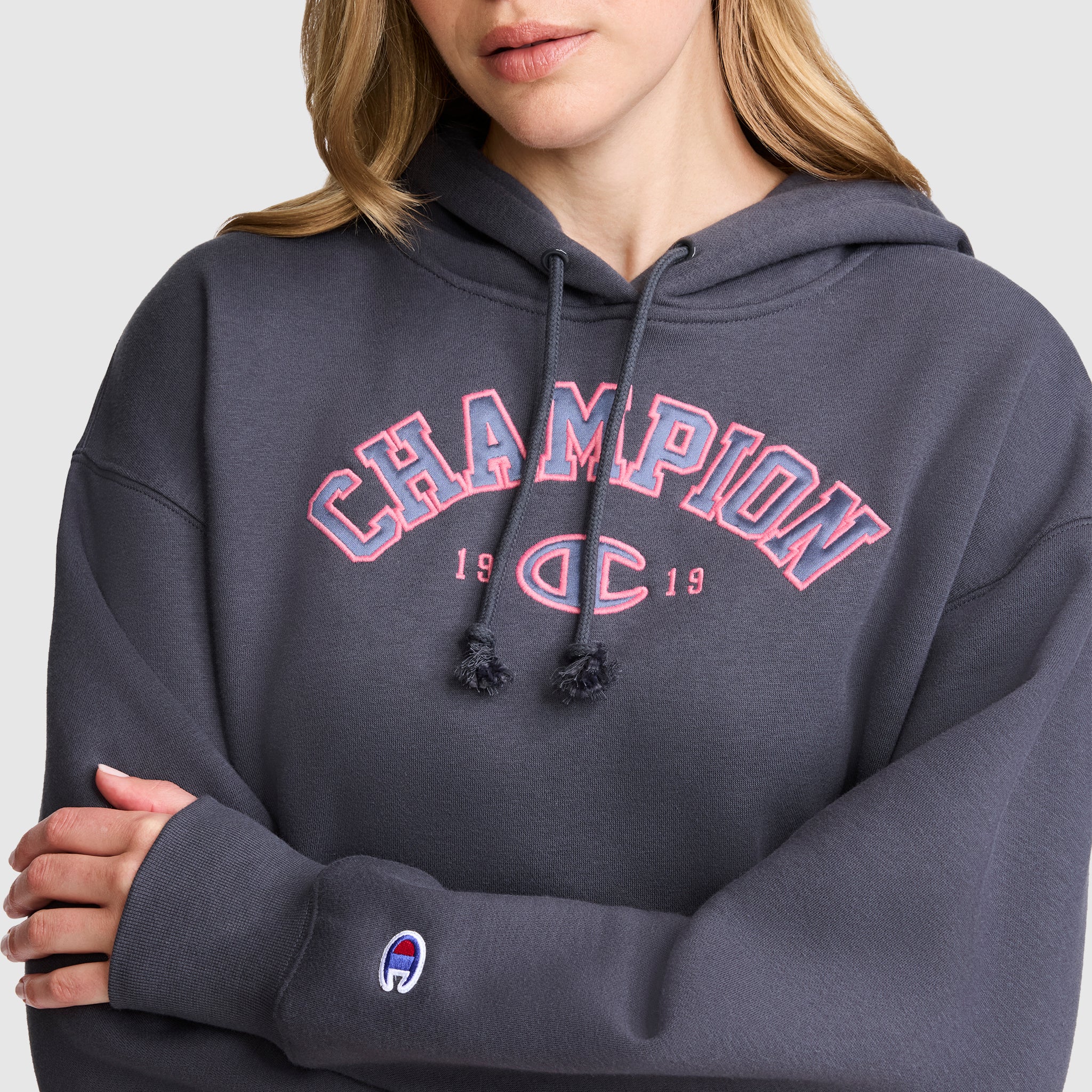 Champion Hoodies Fleece Hoodie Satin Applique sweat gris Forged Steel Grey