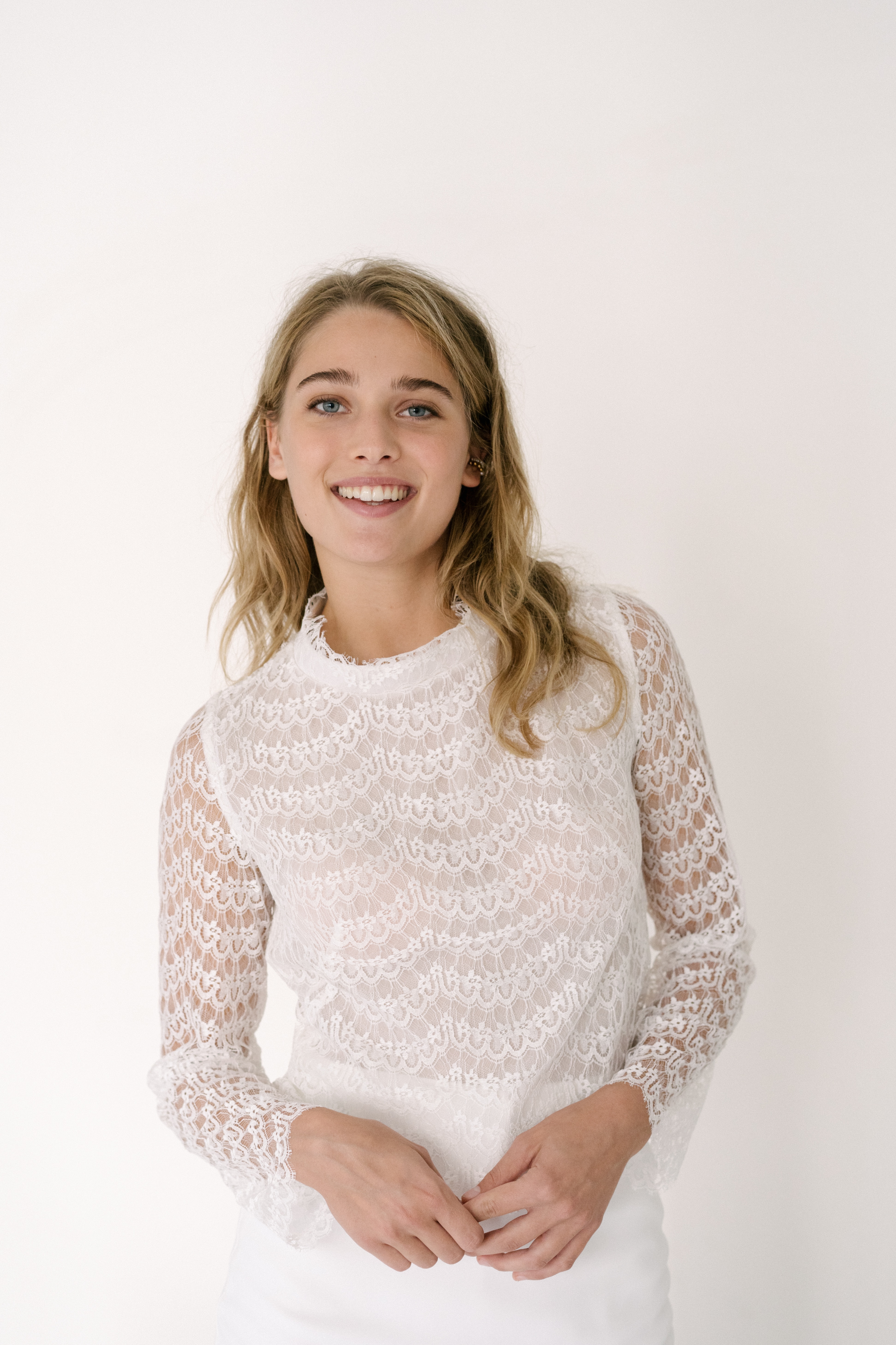 Maison Floret Jom top mariée dentelle Calais col cheminée
