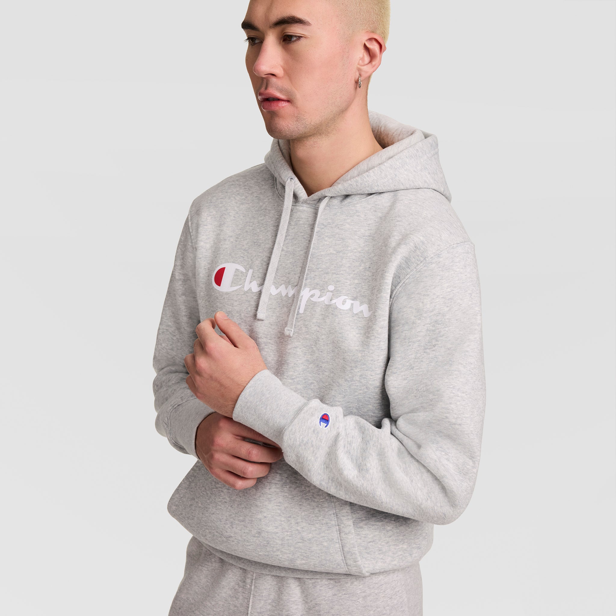 Champion Powerblend Hoodie Sweat Oxford Grey Script Logo Molleton
