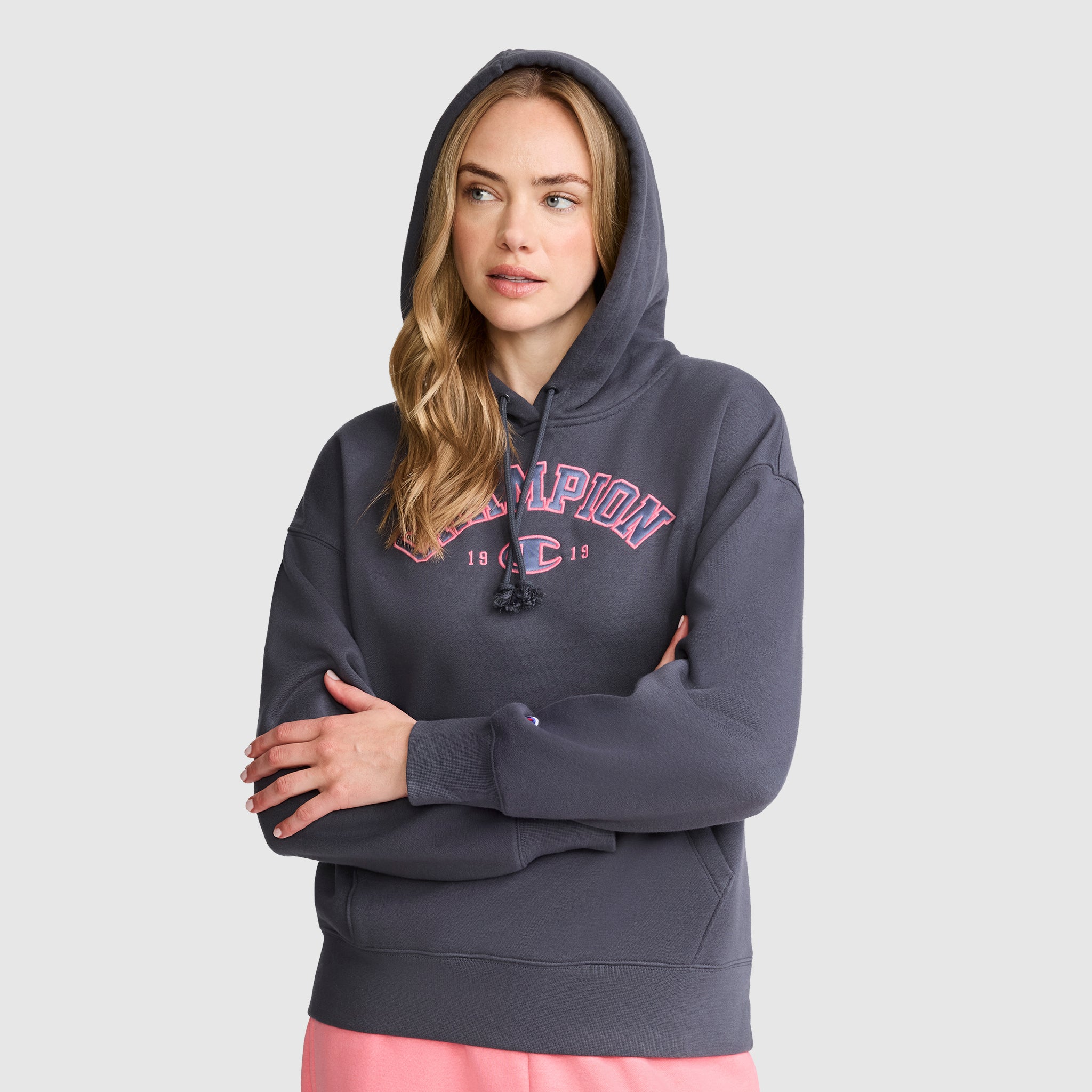 Champion Hoodies Fleece Hoodie Satin Applique sweat gris Forged Steel Grey