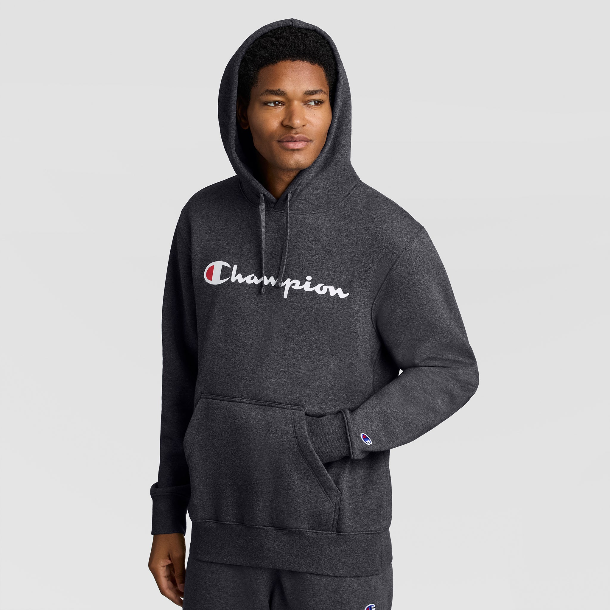 Champion Powerblend Hoodie Sweat Granite Heather Script Logo Molleton