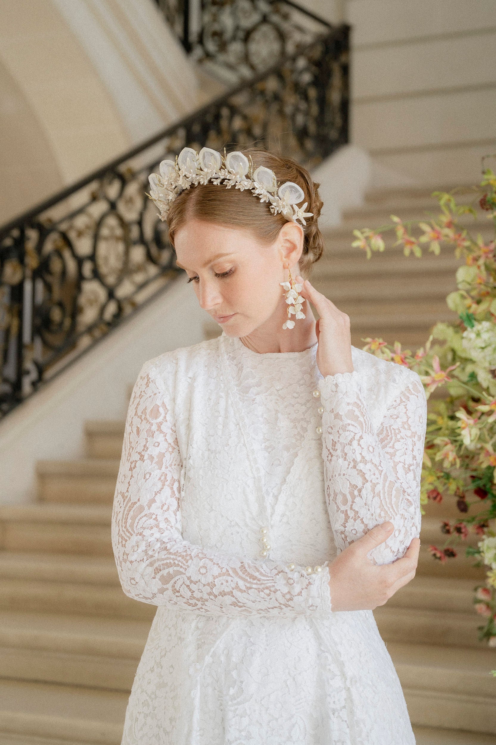Solène Gisèle Aurore couronne mariée fleurs cire blanc nacré