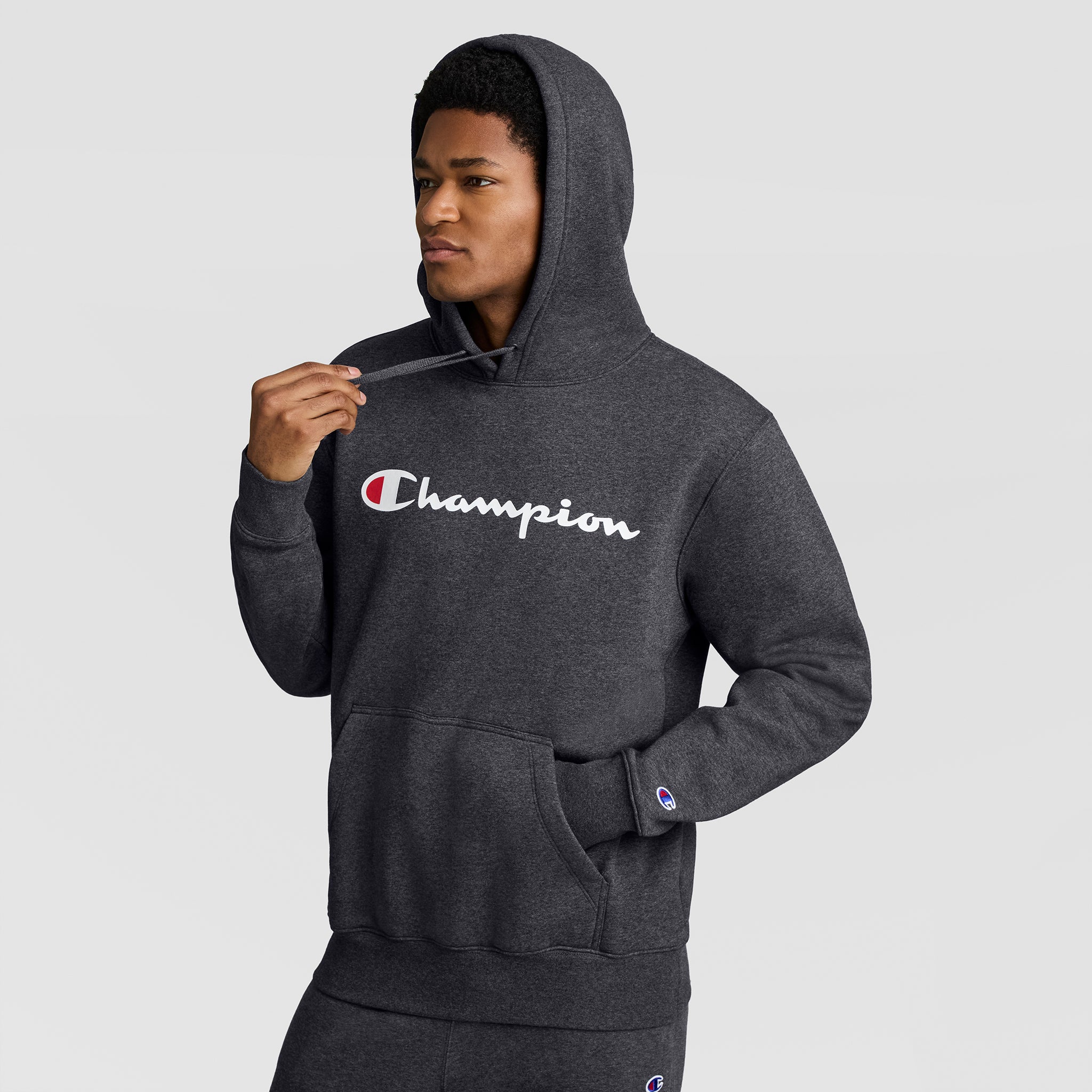 Champion Powerblend Hoodie Sweat Granite Heather Script Logo Molleton