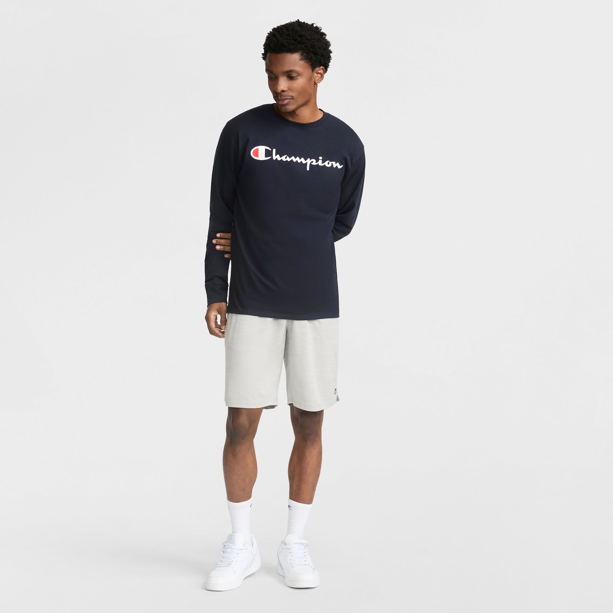 Champion Classic Graphic T-Shirt script logo navy manches longues