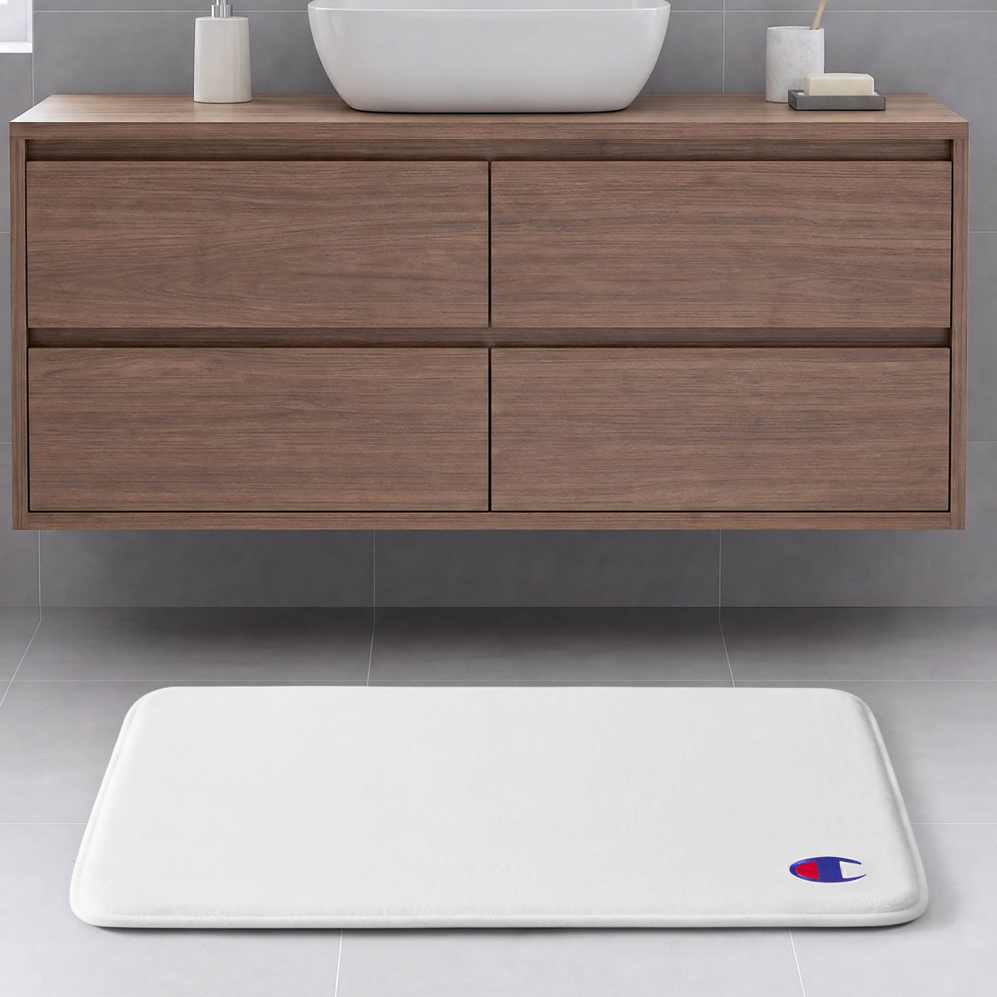 Champion Logo Patch Memory Foam Bath Mats tapis de bain blanc