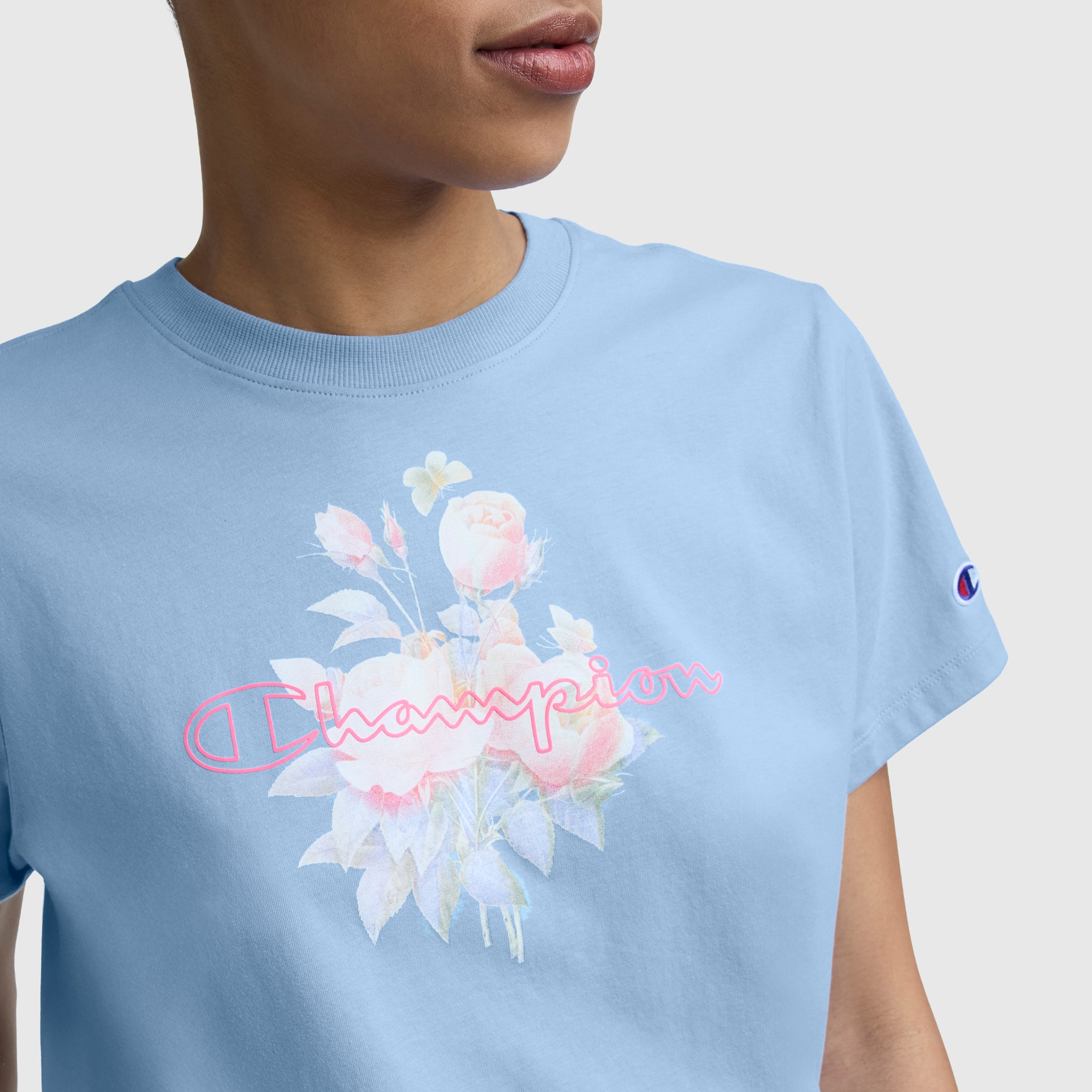 Champion Blurred Roses t-shirt coton bleu clair roses floues