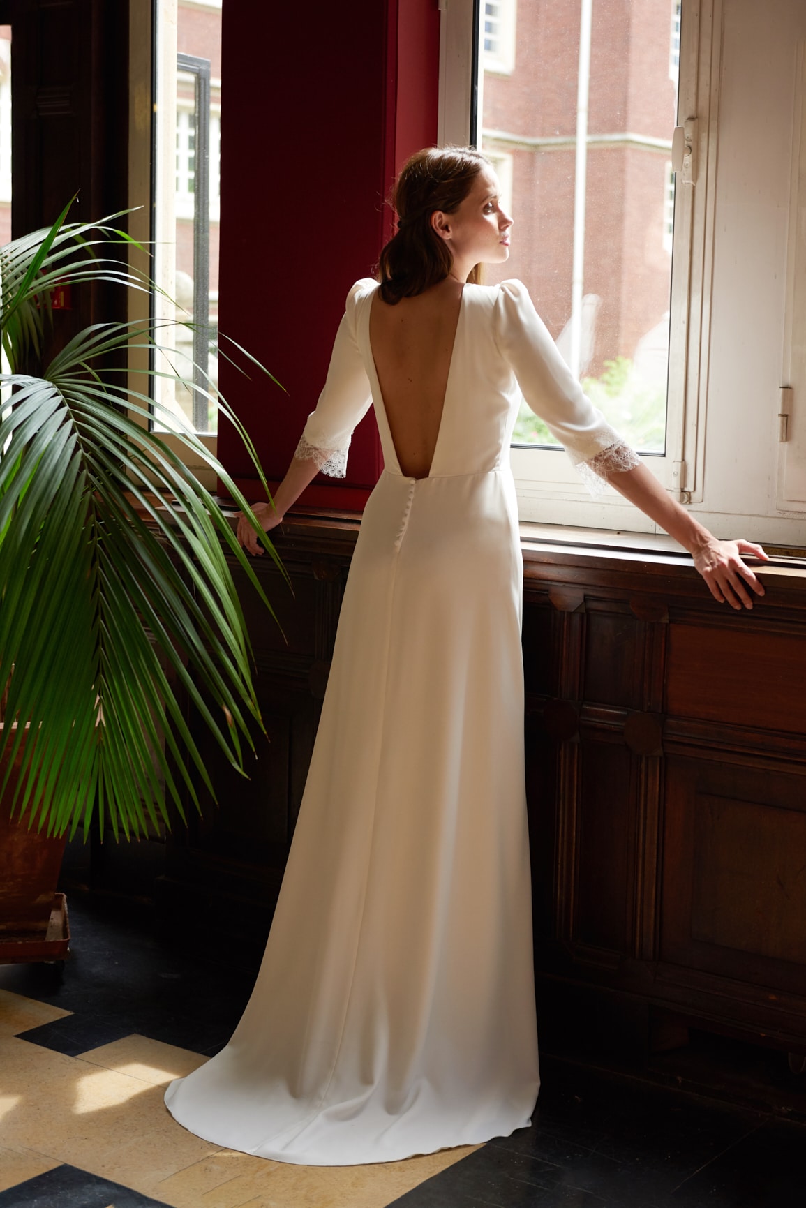 Maison Floret Sur-mesure Sidney robe de mariée drapée dentelle