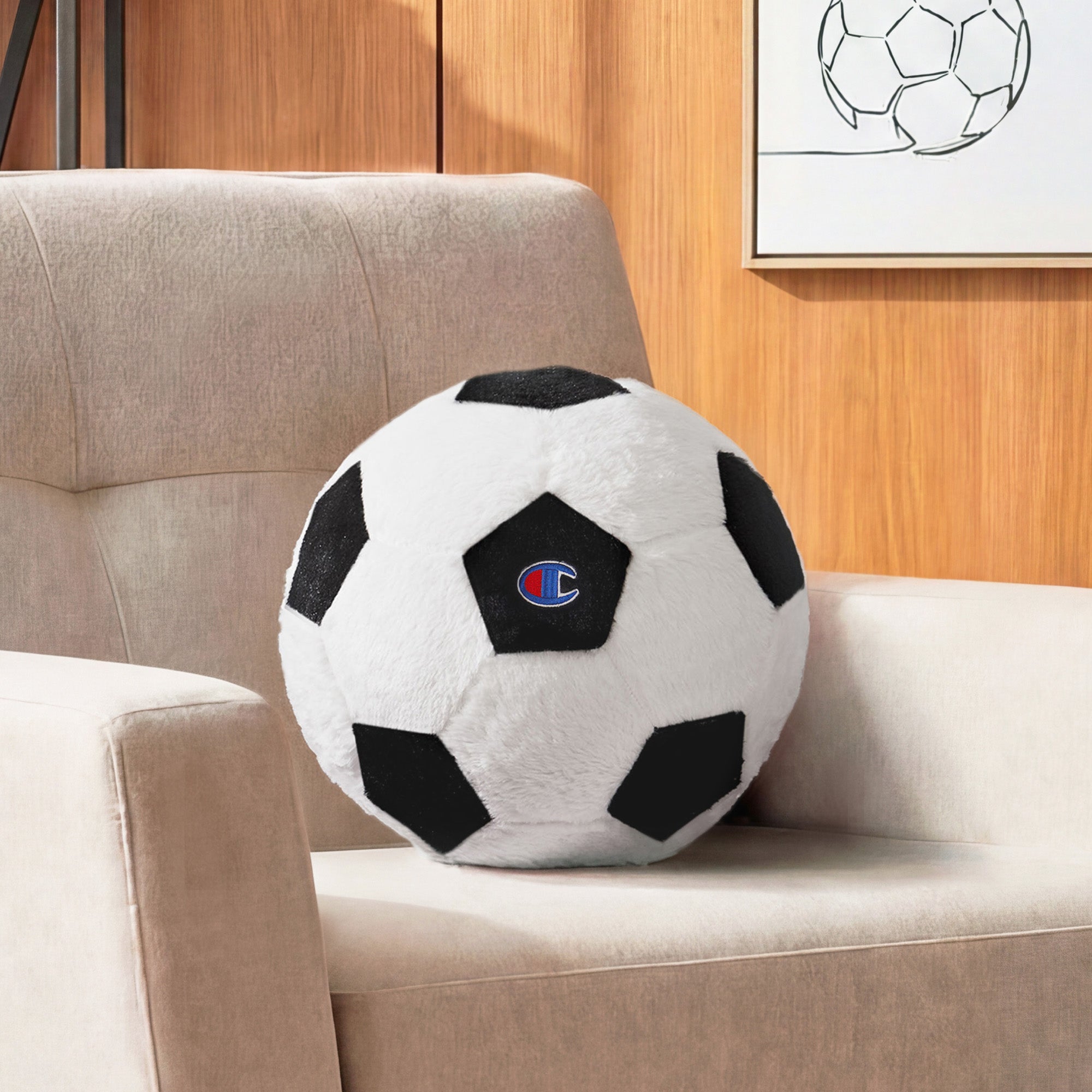 Champion Sport Coussin ballon foot noir et blanc peluche