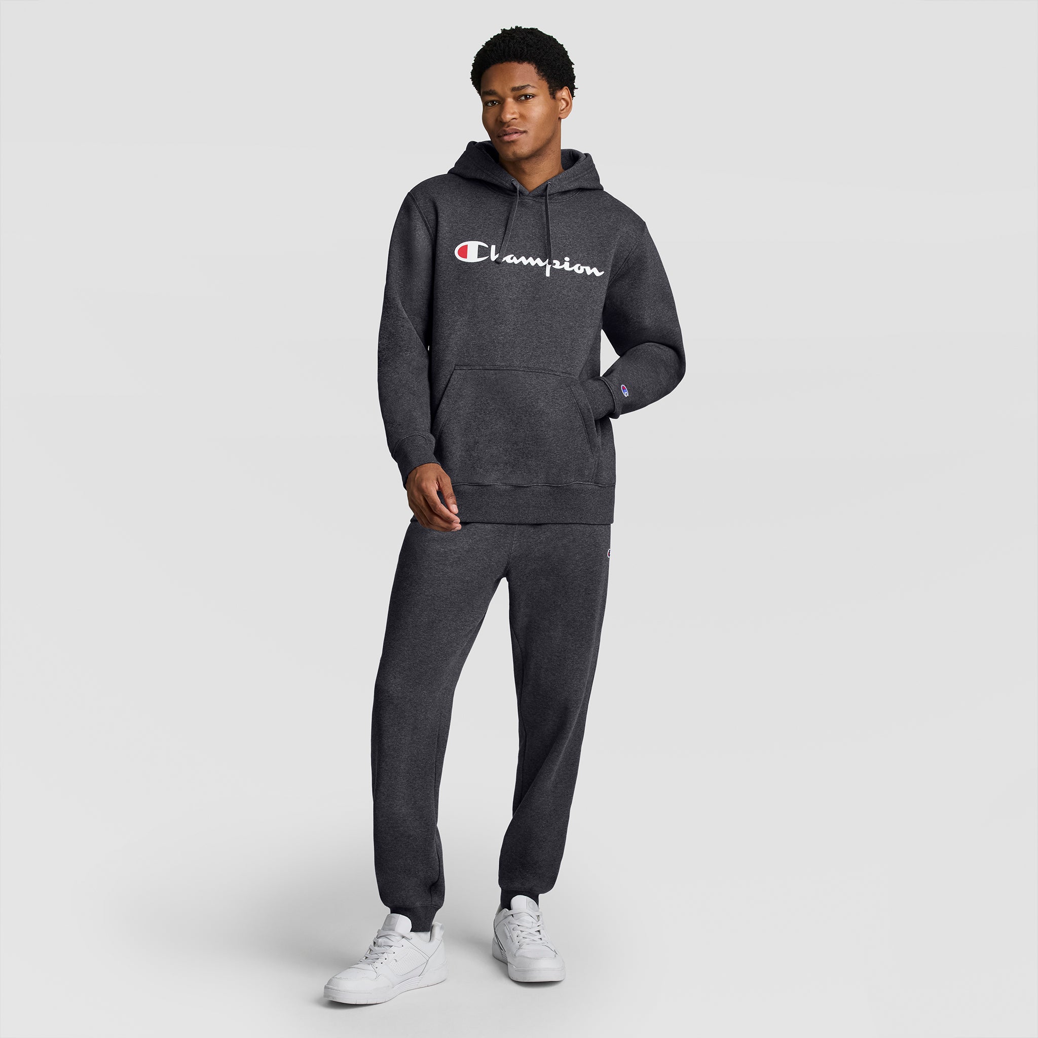 Champion Powerblend Hoodie Sweat Granite Heather Script Logo Molleton