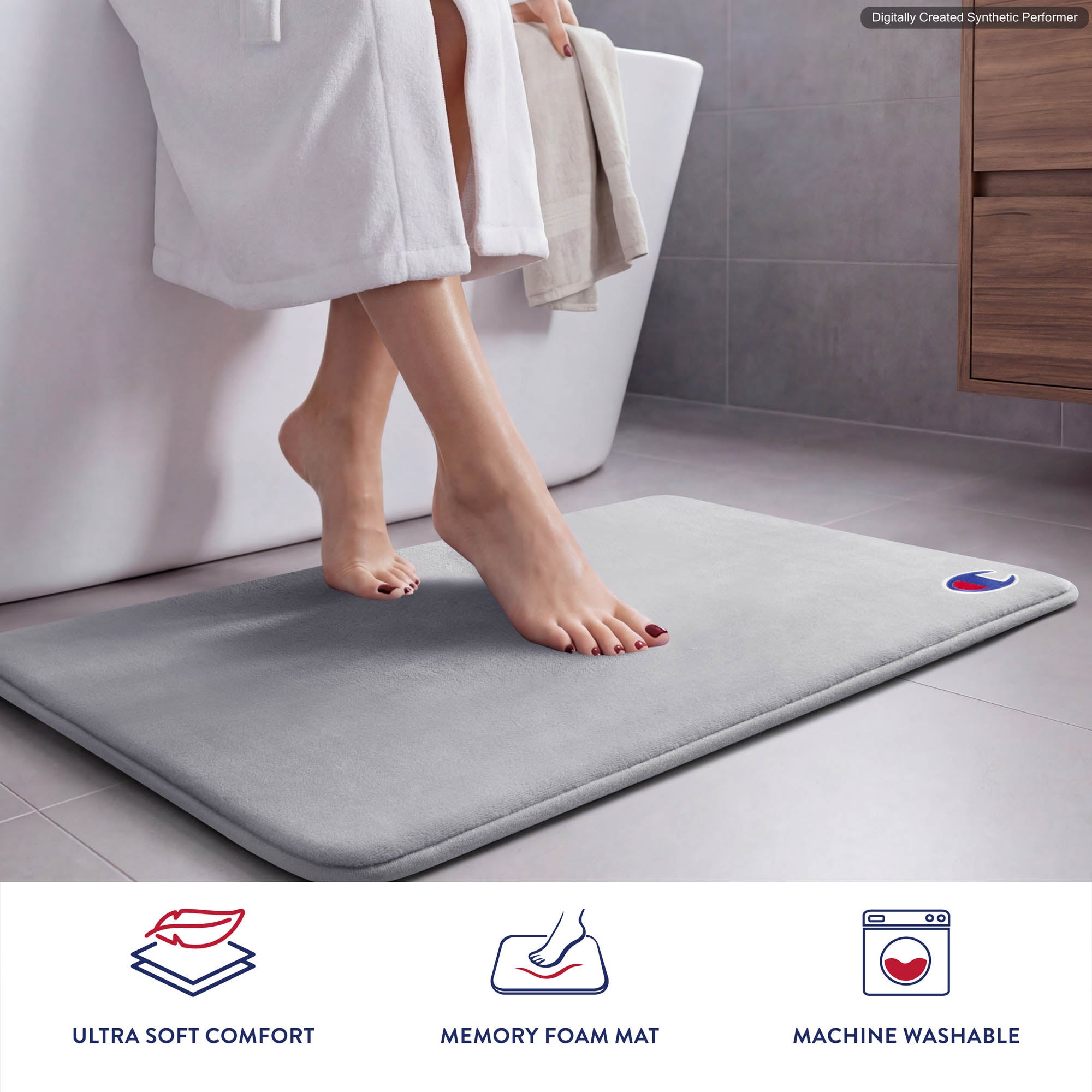 Champion Logo Patch Tapis de Bain Gris 43x61 cm Mousse Mémoire