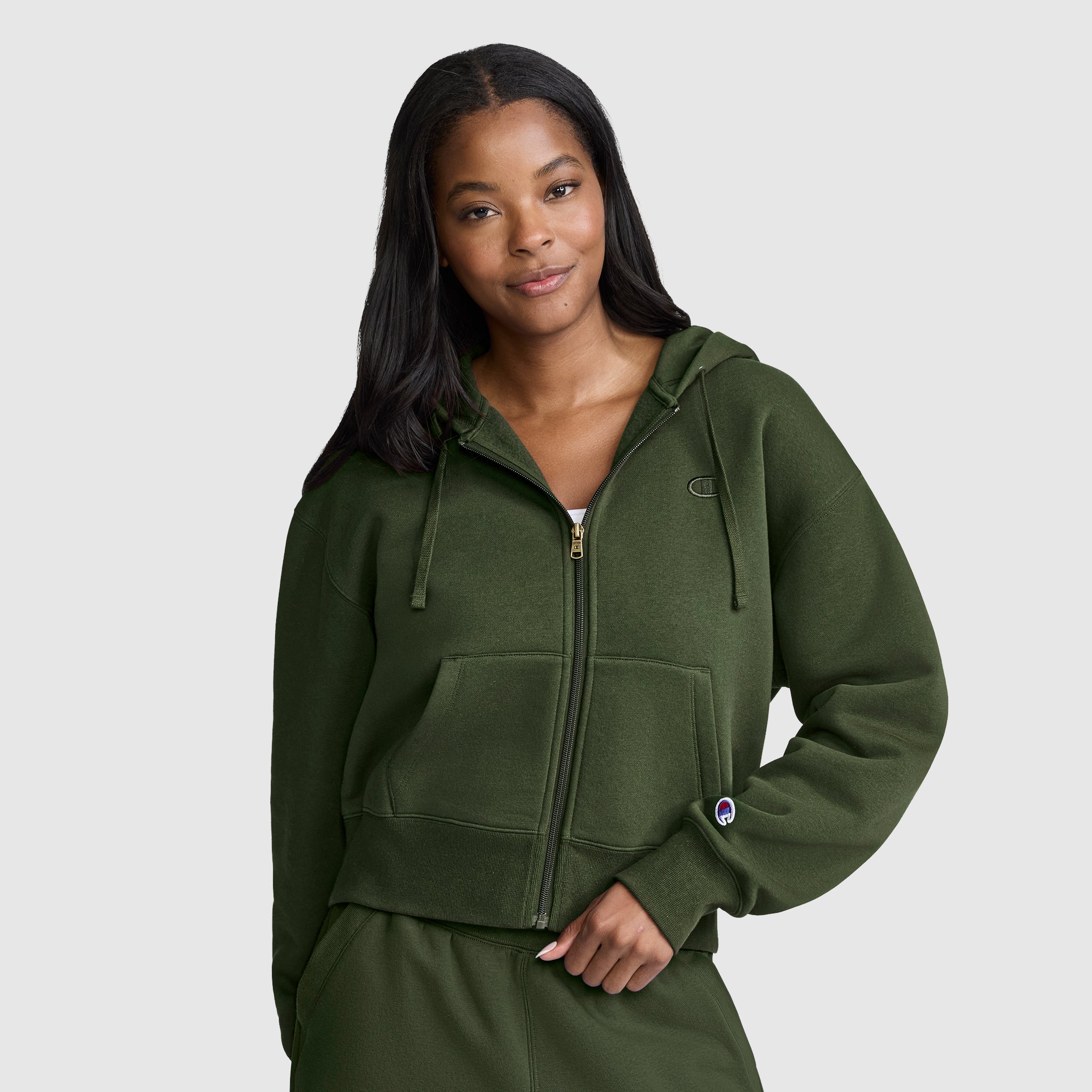 Champion Cropped Zip-Up Hoodie sweat zippé vert Chive femme